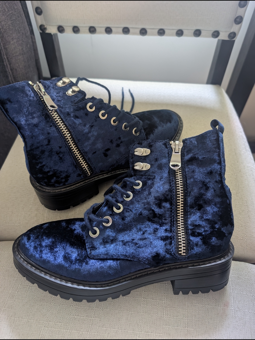 Women's Velvet Lace-Up Ankle Boots with Side Zipper - Navy